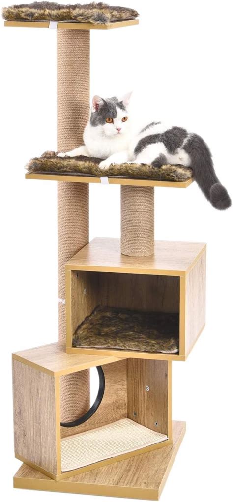 Beige cat tower - Cat tower in Beige designed to engage indoor cats in climbing and scratching and cozy naptime ; 2 sturdy scratching posts, plush suspended hammock, secure base, and a replaceable dangling soft ball toy ; Natural jute fiber provides an optimal texture for cats to sharpen claws and keep nails healthy ; Redirects cats …